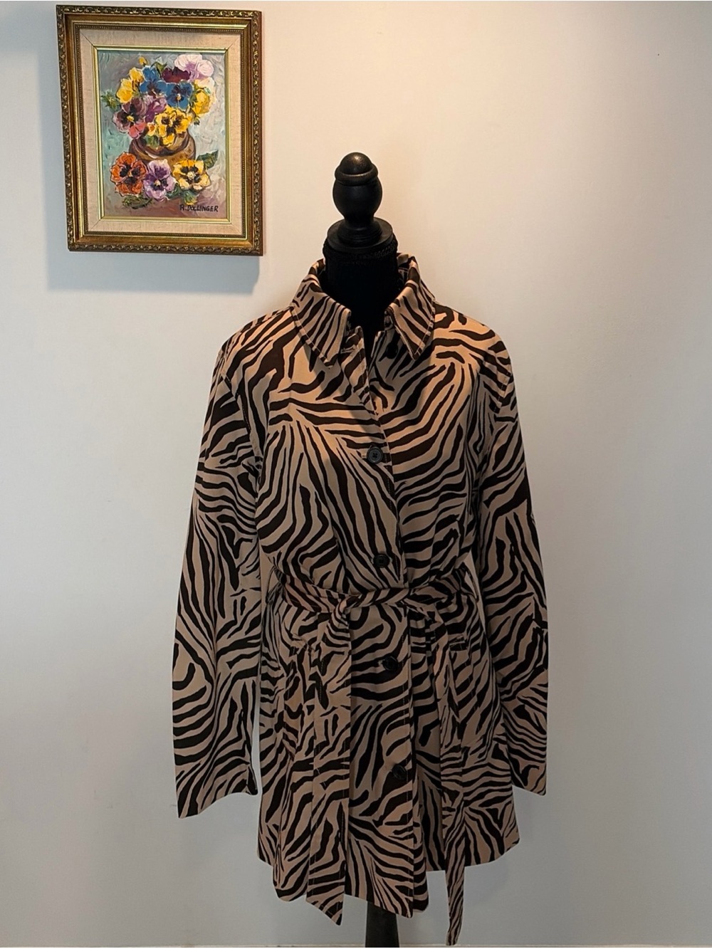 Brown Zebra Belted Trench Jacket XL Coat Cotton Mob Wife Classic animal print